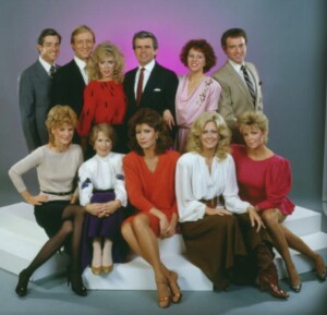 The cast of Knots Landing: Michele Lee, Kevin Dobson, Joan Van Ark, Ted Shackelford, Donna Mills, Lisa Hartman, William Devane, Doug Sheehan, Julie Harris, Constance McCashin, Claudia Lonow